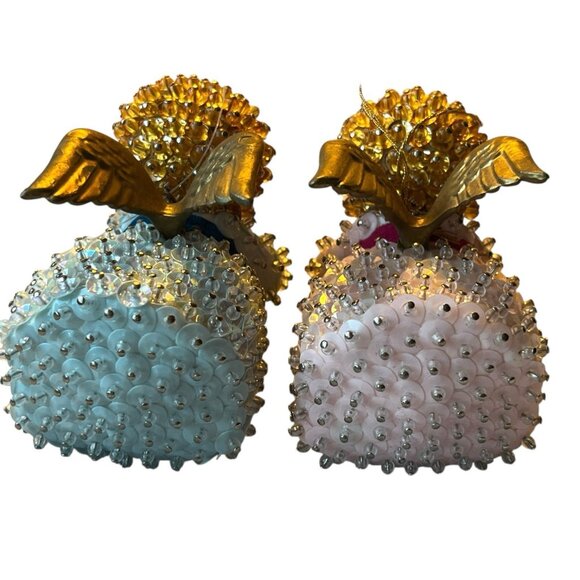 Vtg Sequin Push Pin Christmas Ornament Angel Blue Boy Pink Girl Brother Sister - Picture 6 of 12